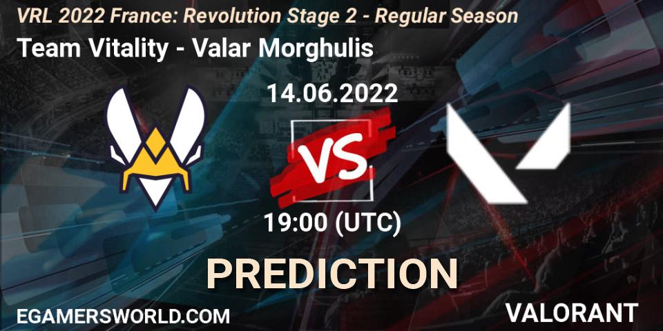 Team Vitality contre Valar Morghulis : prédiction de match. 14.06.2022 at 19:35. VALORANT, VRL 2022 France: Revolution Stage 2 - Regular Season