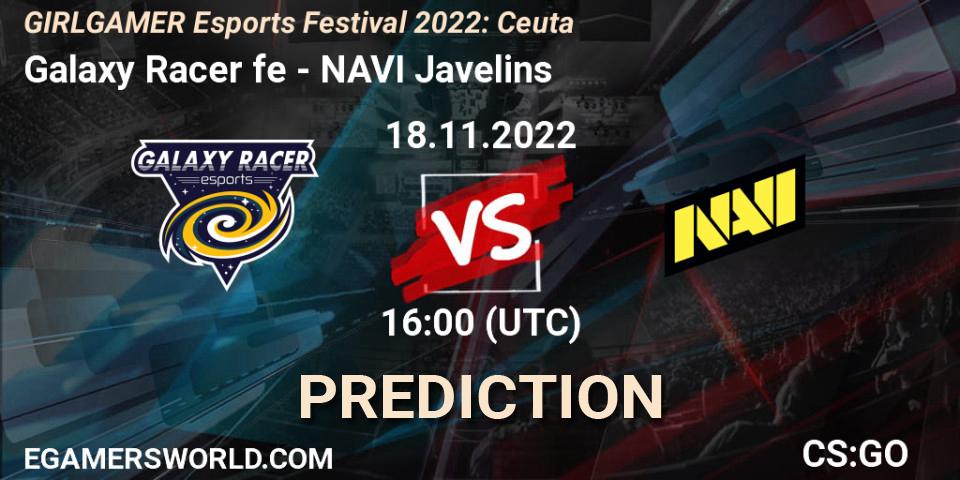 Galaxy Racer fe contre NAVI Javelins : prédiction de match. 18.11.2022 at 16:00. Counter-Strike (CS2), GIRLGAMER Esports Festival 2022: Ceuta