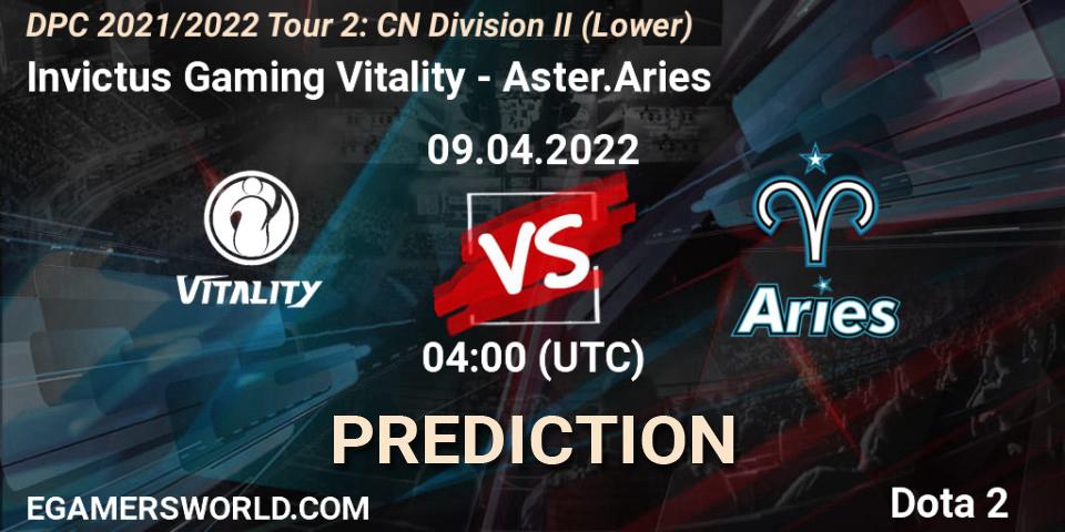 Invictus Gaming Vitality contre Aster.Aries : prédiction de match. 12.04.2022 at 03:58. Dota 2, DPC 2021/2022 Tour 2: CN Division II (Lower)