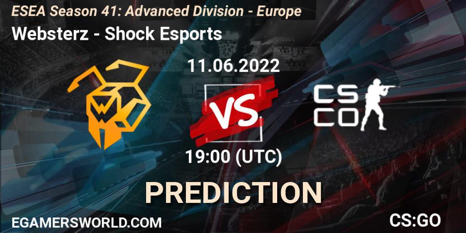 Websterz contre Shock Esports : prédiction de match. 11.06.2022 at 19:00. Counter-Strike (CS2), ESEA Season 41: Advanced Division - Europe