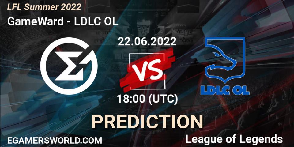 GameWard contre LDLC OL : prédiction de match. 22.06.2022 at 18:00. LoL, LFL Summer 2022