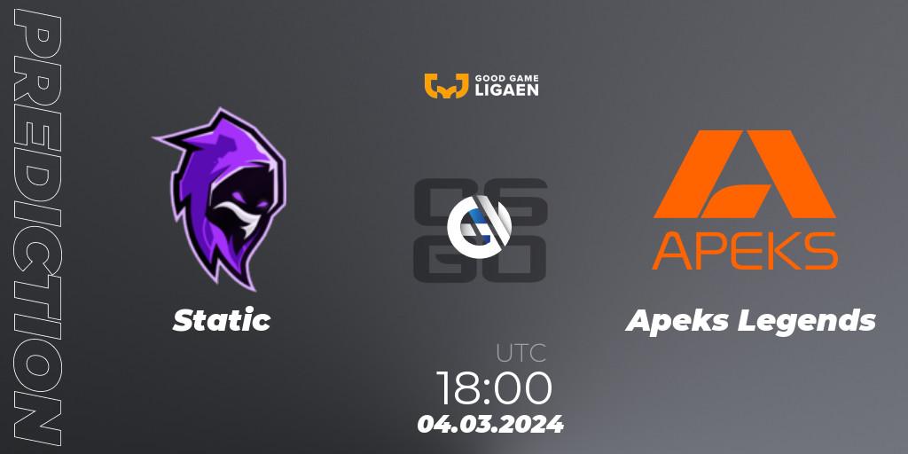 Static contre Apeks Legends : prédiction de match. 04.03.2024 at 18:00. Counter-Strike (CS2), Good Game-ligaen Spring 2024