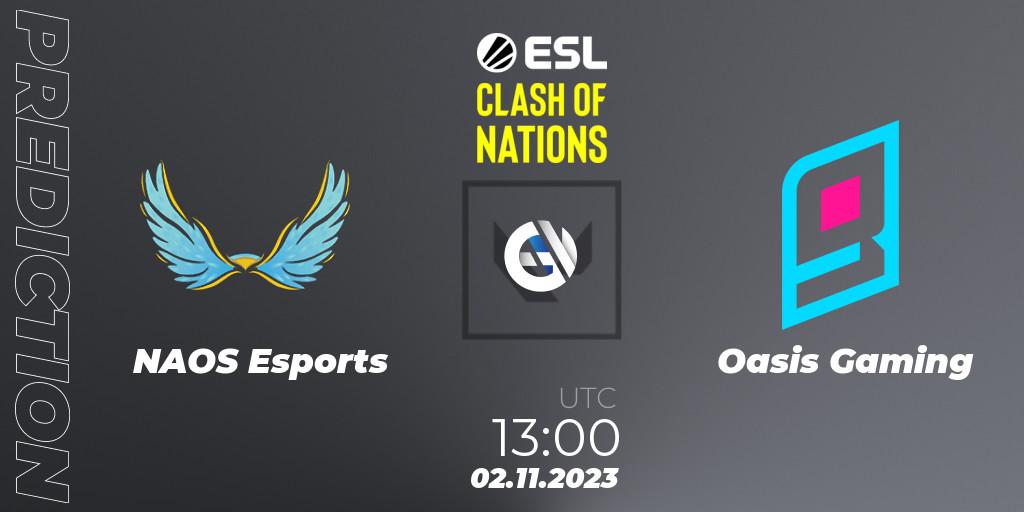 NAOS Esports contre Oasis Gaming : prédiction de match. 02.11.2023 at 13:00. VALORANT, ESL Clash of Nations 2023 - SEA Closed Qualifier