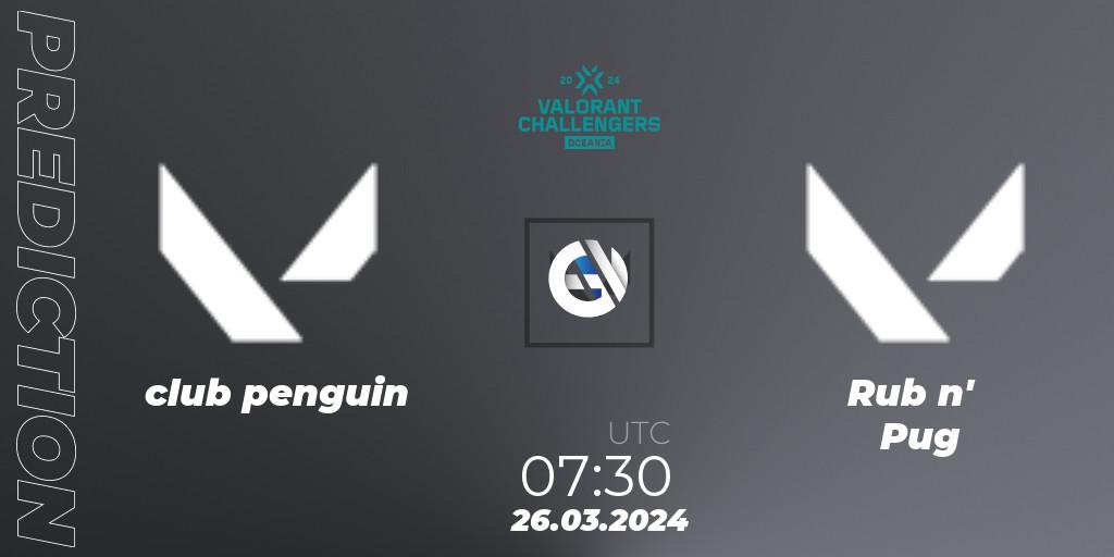 club penguin contre Rub n' Pug : prédiction de match. 26.03.2024 at 07:30. VALORANT, VALORANT Challengers 2024 Oceania: Split 1