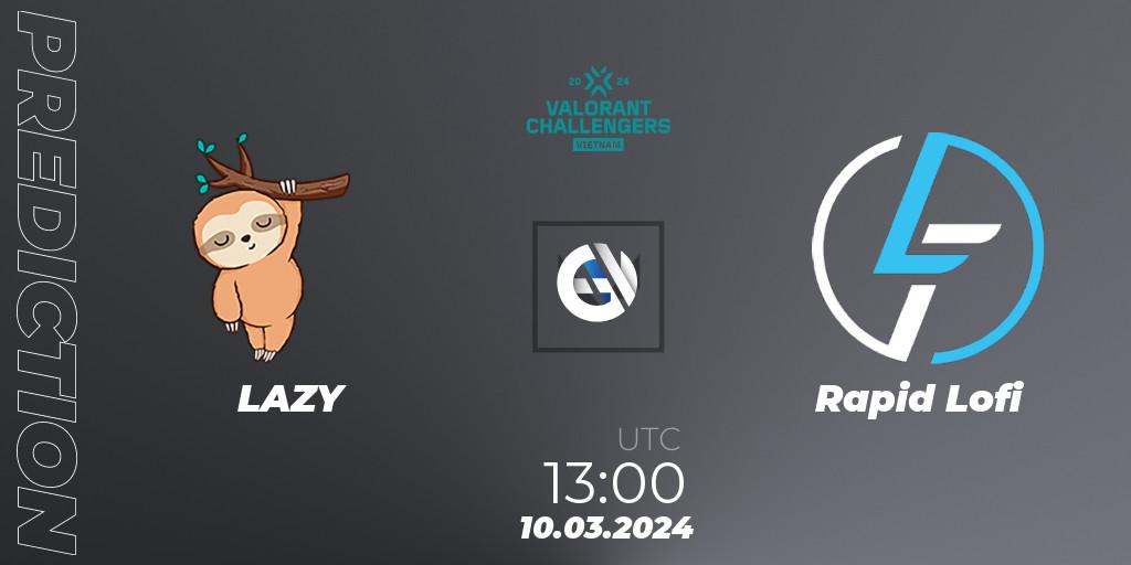 LAZY contre Rapid Lofi : prédiction de match. 10.03.2024 at 13:00. VALORANT, VALORANT Challengers 2024 Vietnam: Split 1