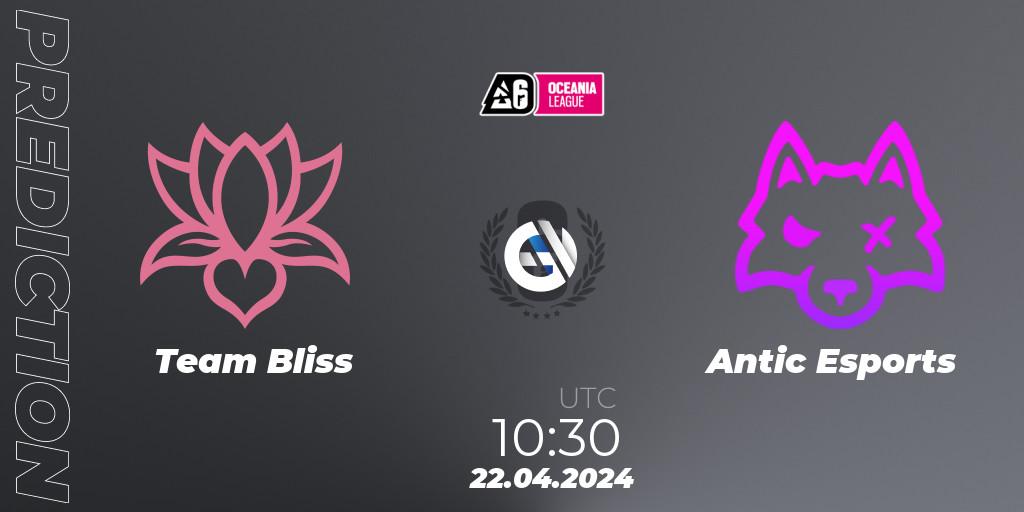 Team Bliss contre Antic Esports : prédiction de match. 22.04.2024 at 10:30. Rainbow Six, Oceania League 2024 - Stage 1