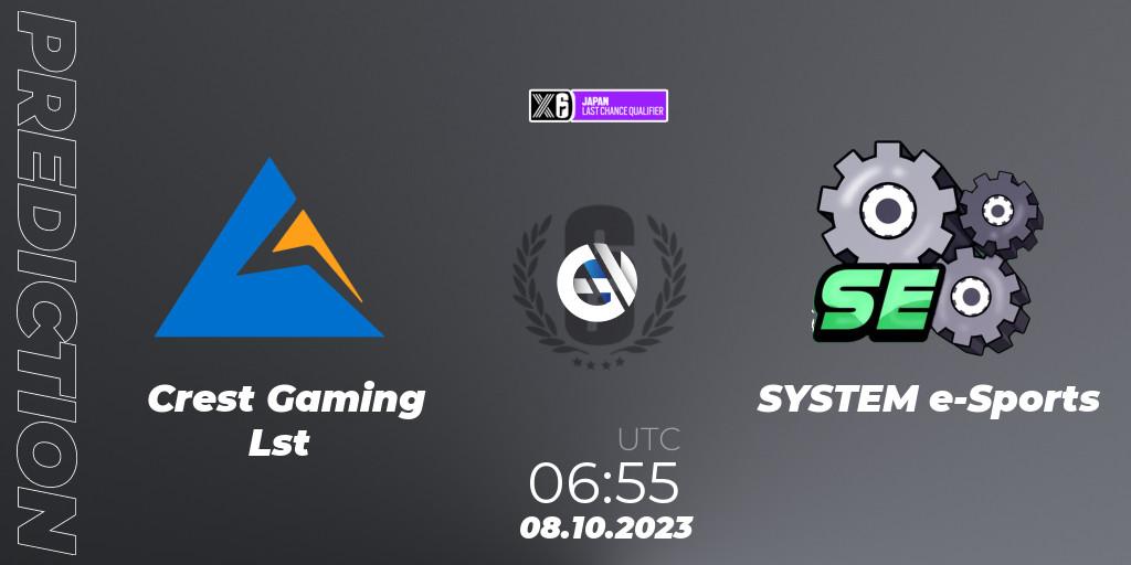 Crest Gaming Lst contre SYSTEM e-Sports : prédiction de match. 08.10.2023 at 06:55. Rainbow Six, Japan League 2023 - Stage 2 - Last Chance Qualifiers