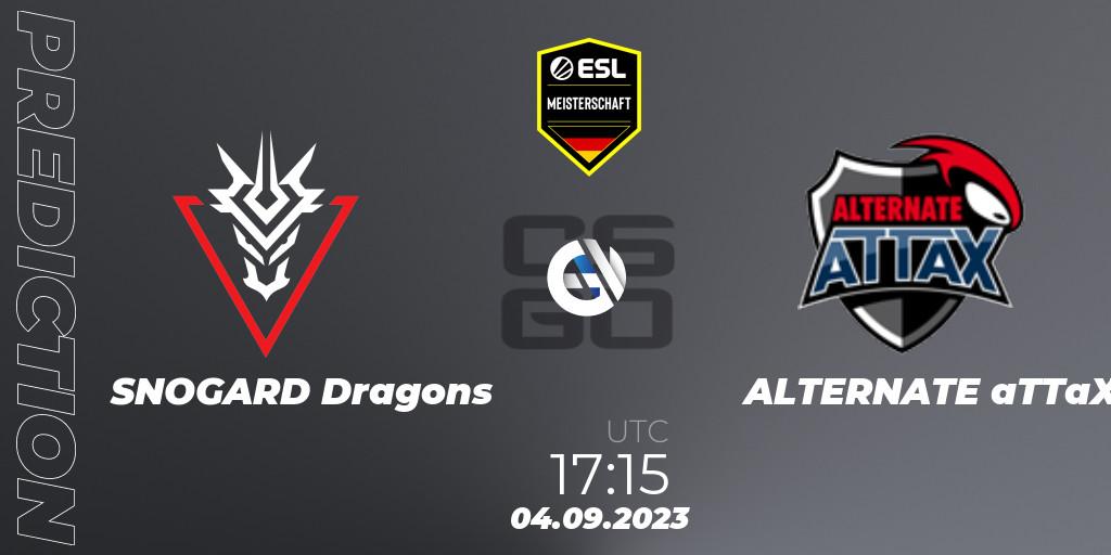SNOGARD Dragons contre ALTERNATE aTTaX : prédiction de match. 04.09.2023 at 17:15. Counter-Strike (CS2), ESL Meisterschaft: Autumn 2023