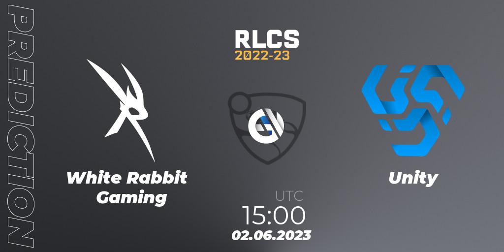 White Rabbit Gaming contre Unity : prédiction de match. 09.06.2023 at 15:00. Rocket League, RLCS 2022-23 - Spring: Sub-Saharan Africa Regional 3 - Spring Invitational