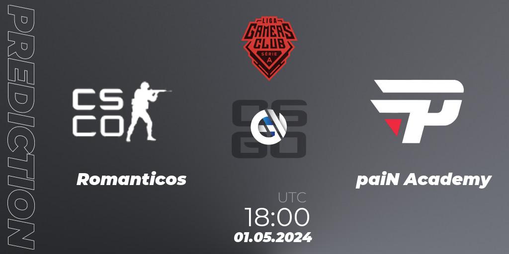 Romanticos contre paiN Academy : prédiction de match. 01.05.2024 at 18:00. Counter-Strike (CS2), Gamers Club Liga Série A: April 2024