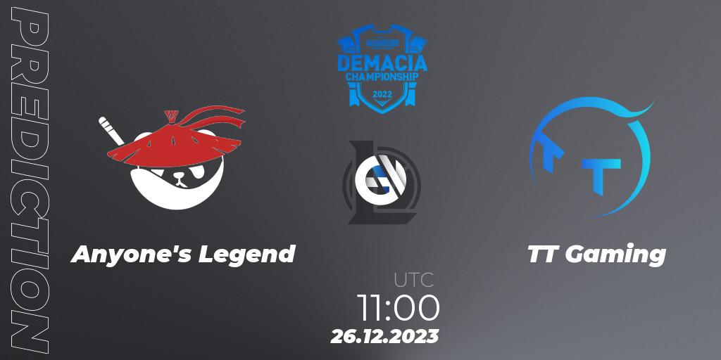 Anyone's Legend contre TT Gaming : prédiction de match. 26.12.2023 at 11:00. LoL, Demacia Cup 2023 Group Stage
