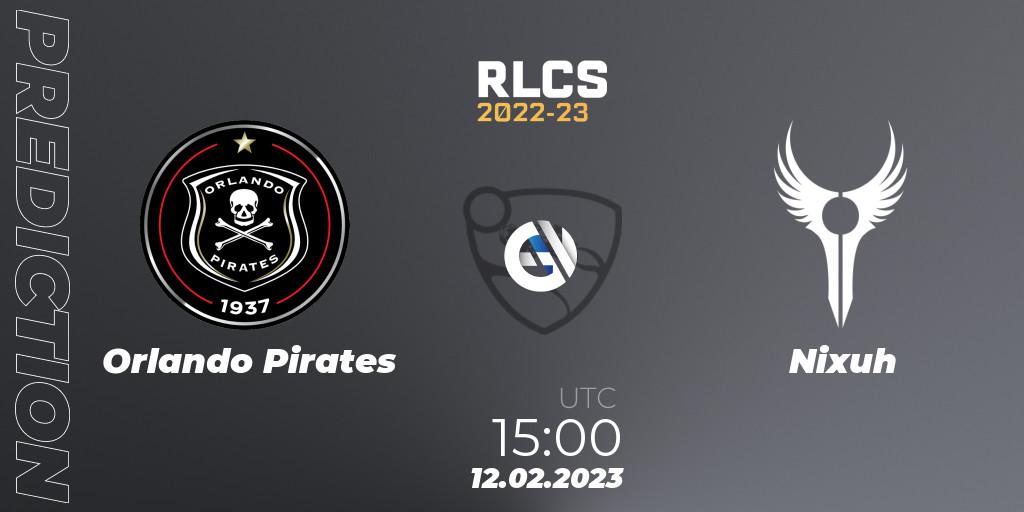 Orlando Pirates contre Nixuh : prédiction de match. 12.02.2023 at 15:00. Rocket League, RLCS 2022-23 - Winter: Sub-Saharan Africa Regional 2 - Winter Cup
