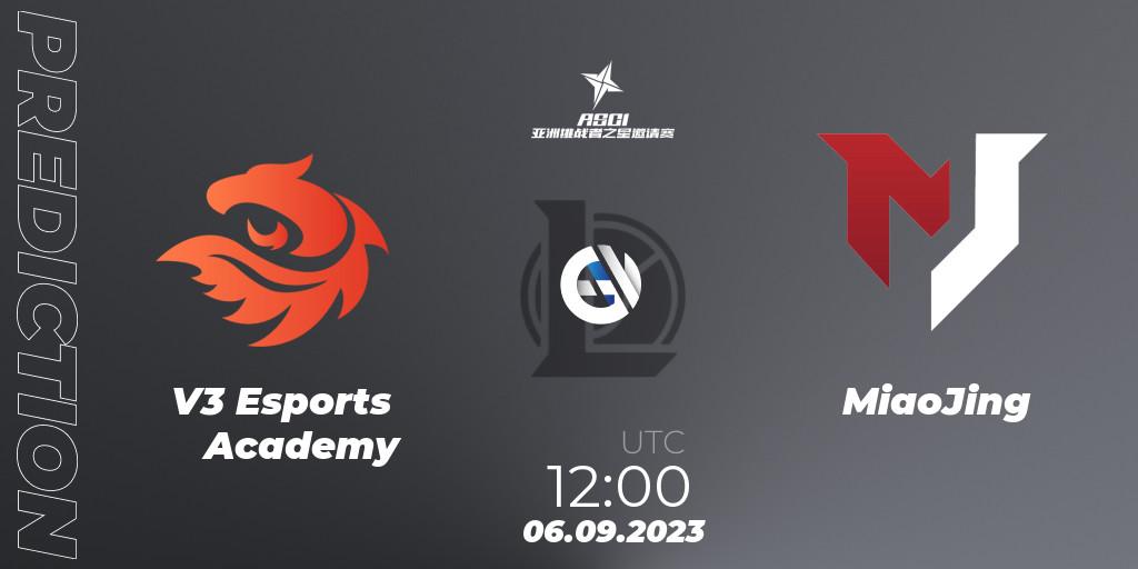 V3 Esports Academy contre MiaoJing : prédiction de match. 06.09.2023 at 12:00. LoL, Asia Star Challengers Invitational 2023