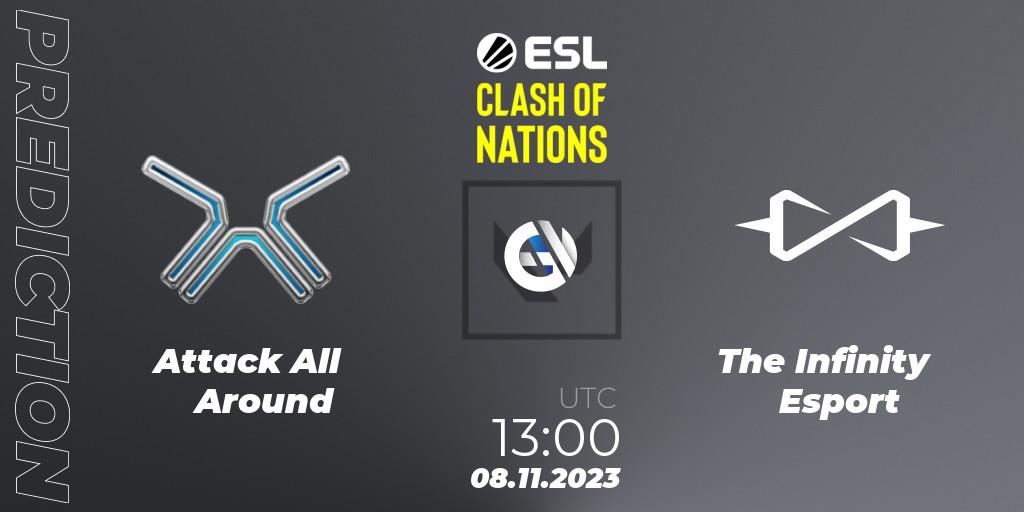 Attack All Around contre The Infinity Esport : prédiction de match. 08.11.2023 at 13:00. VALORANT, ESL Clash of Nations 2023 - Thailand Closed Qualifier