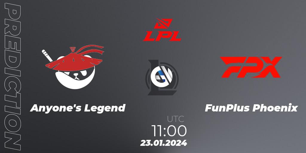 Anyone's Legend contre FunPlus Phoenix : prédiction de match. 23.01.2024 at 11:00. LoL, LPL Spring 2024 - Group Stage