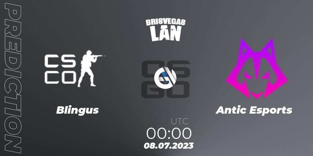 Blingus contre Antic Esports : prédiction de match. 08.07.2023 at 00:00. Counter-Strike (CS2), BrisVegas Winter 2023