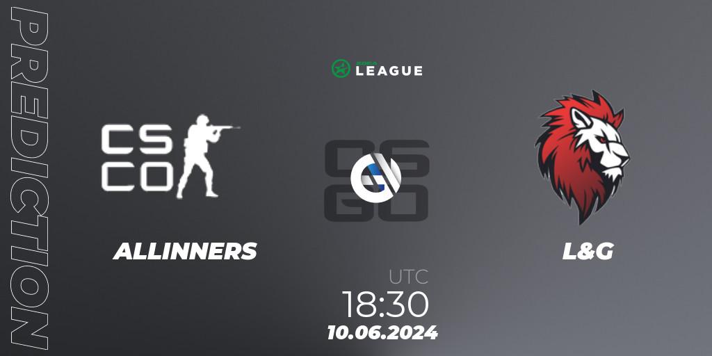 ALLINNERS contre L&G : prédiction de match. 10.06.2024 at 18:30. Counter-Strike (CS2), ESEA Season 49: Main Division - Europe