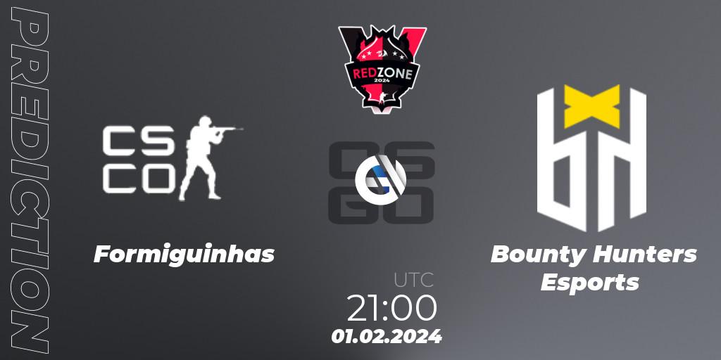 Formiguinhas contre Bounty Hunters Esports : prédiction de match. 01.02.2024 at 21:00. Counter-Strike (CS2), RedZone PRO League Season 1