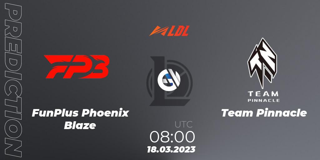 FunPlus Phoenix Blaze contre Team Pinnacle : prédiction de match. 18.03.2023 at 09:30. LoL, LDL 2023 - Regular Season