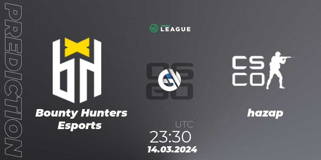 Bounty Hunters Esports contre hazap : prédiction de match. 14.03.2024 at 23:30. Counter-Strike (CS2), ESEA Season 48: Open Division - South America