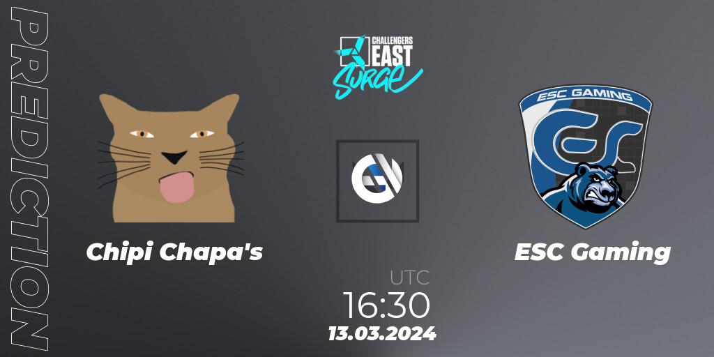 Chipi Chapa's contre ESC Gaming : prédiction de match. 13.03.2024 at 17:15. VALORANT, VALORANT Challengers 2024 East: Surge Split 1
