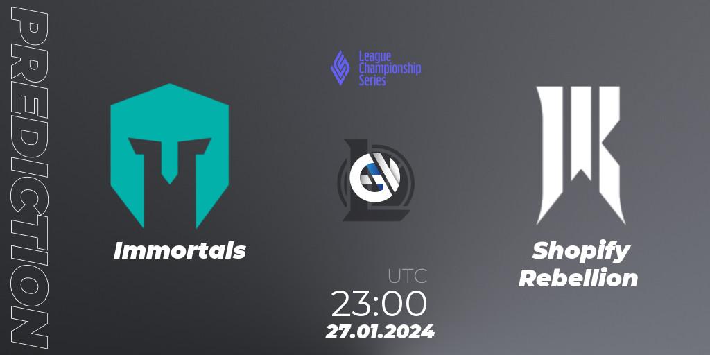 Immortals contre Shopify Rebellion : prédiction de match. 27.01.2024 at 23:00. LoL, LCS Spring 2024 - Group Stage