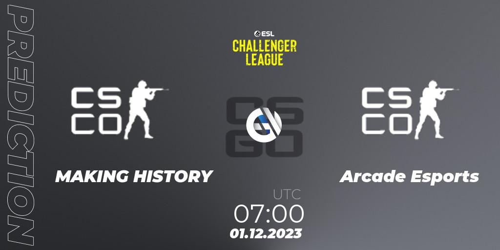 MAKING HISTORY contre Arcade Esports : prédiction de match. 01.12.2023 at 07:00. Counter-Strike (CS2), ESL Challenger League Season 47: Oceania - Open Qualifier #2