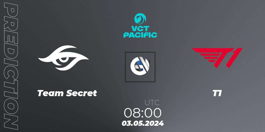 Team Secret contre T1 : prédiction de match. 03.05.2024 at 08:00. VALORANT, VCT 2024: Pacific League - Stage 1