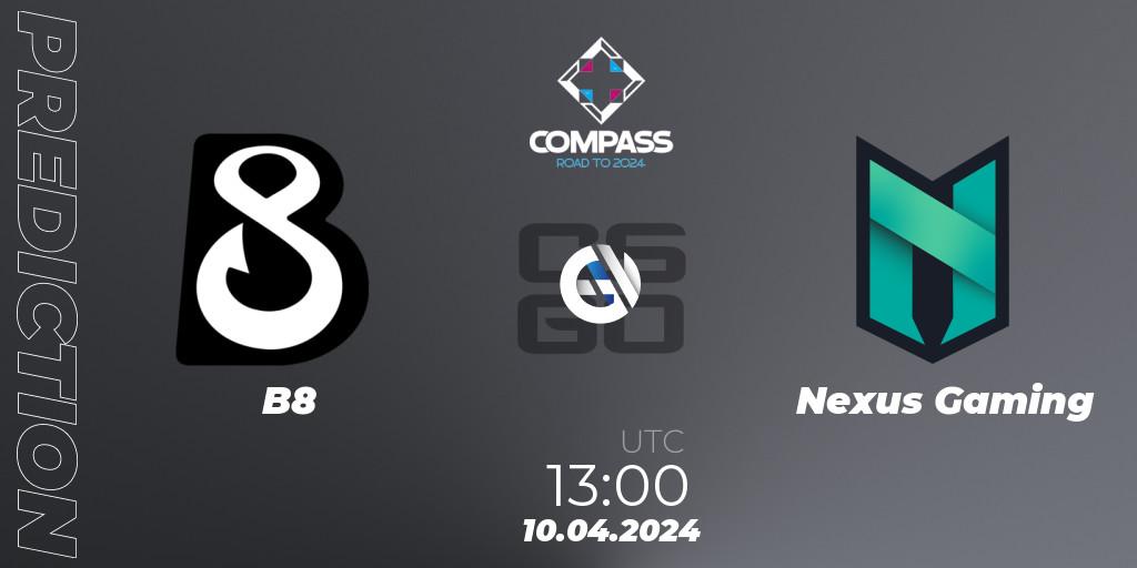 B8 contre Nexus Gaming : prédiction de match. 10.04.2024 at 13:00. Counter-Strike (CS2), YaLLa Compass Spring 2024