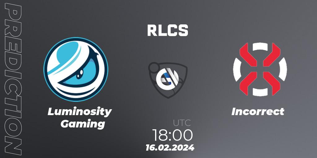 Luminosity Gaming contre Incorrect : prédiction de match. 16.02.2024 at 18:00. Rocket League, RLCS 2024 - Major 1: North America Open Qualifier 2
