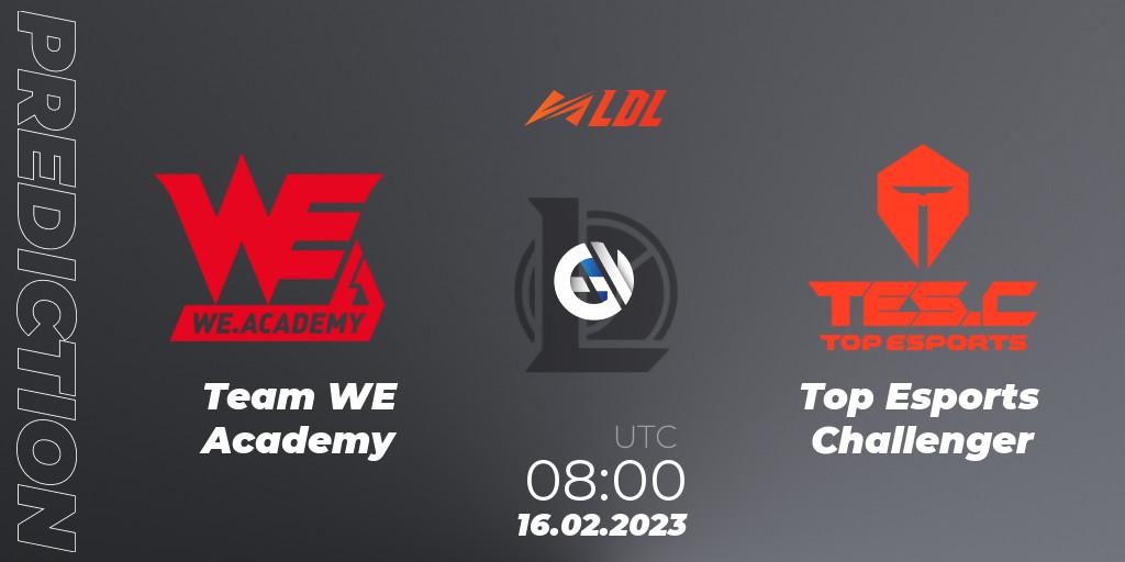 Team WE Academy contre Top Esports Challenger : prédiction de match. 16.02.2023 at 09:30. LoL, LDL 2023 - Regular Season