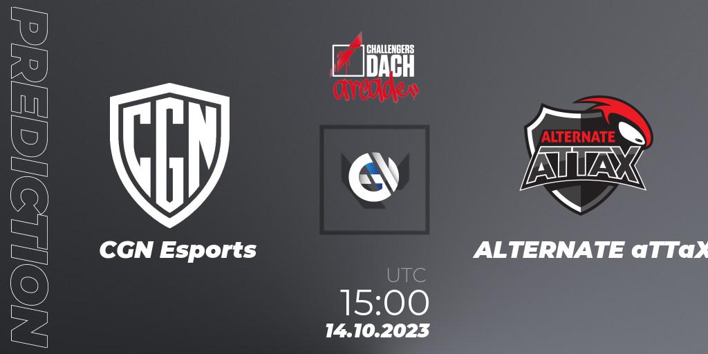 CGN Esports contre ALTERNATE aTTaX : prédiction de match. 14.10.2023 at 15:00. VALORANT, VALORANT Challengers 2023 DACH: Arcade