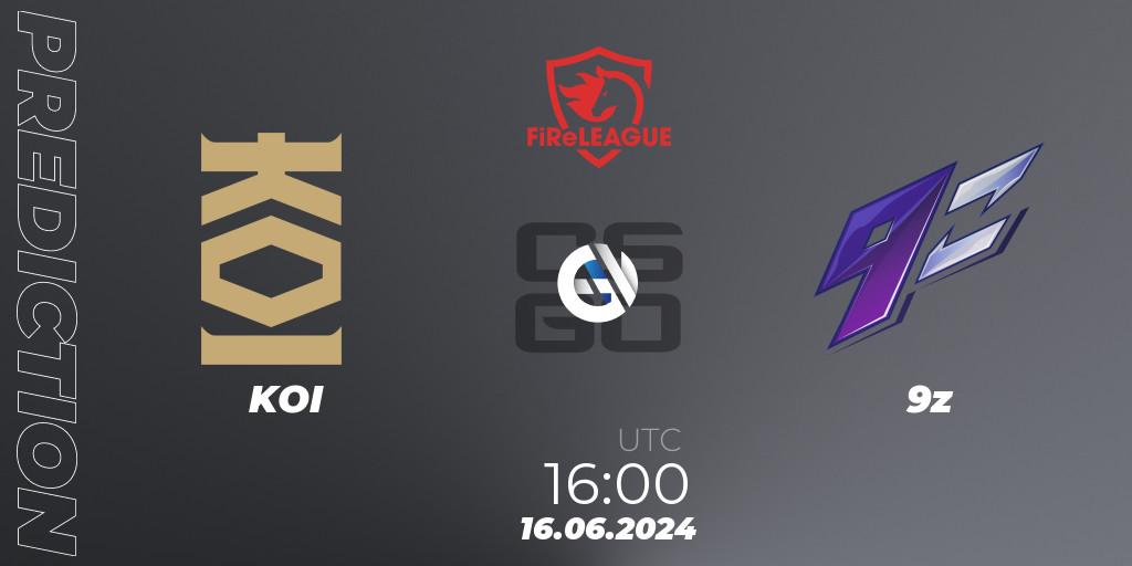 KOI contre 9z : prédiction de match. 16.06.2024 at 16:00. Counter-Strike (CS2), FiReLEAGUE 2023 Global Finals