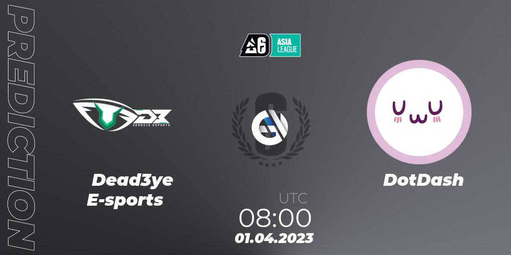 Dead3ye E-sports contre DotDash : prédiction de match. 01.04.2023 at 08:00. Rainbow Six, South Asia League 2023 - Stage 1
