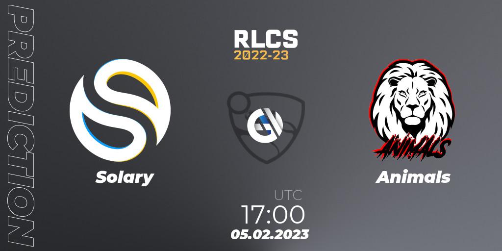 Solary contre Animals : prédiction de match. 05.02.2023 at 17:00. Rocket League, RLCS 2022-23 - Winter: Europe Regional 2 - Winter Cup: Closed Qualifier