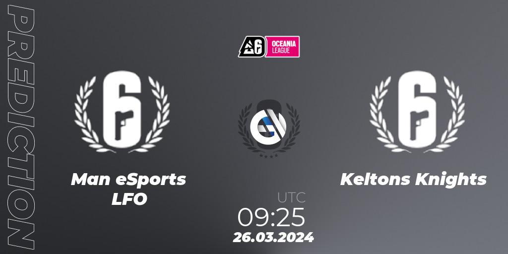 Man eSports LFO contre Keltons Knights : prédiction de match. 26.03.2024 at 09:25. Rainbow Six, Oceania League 2024 - Stage 1