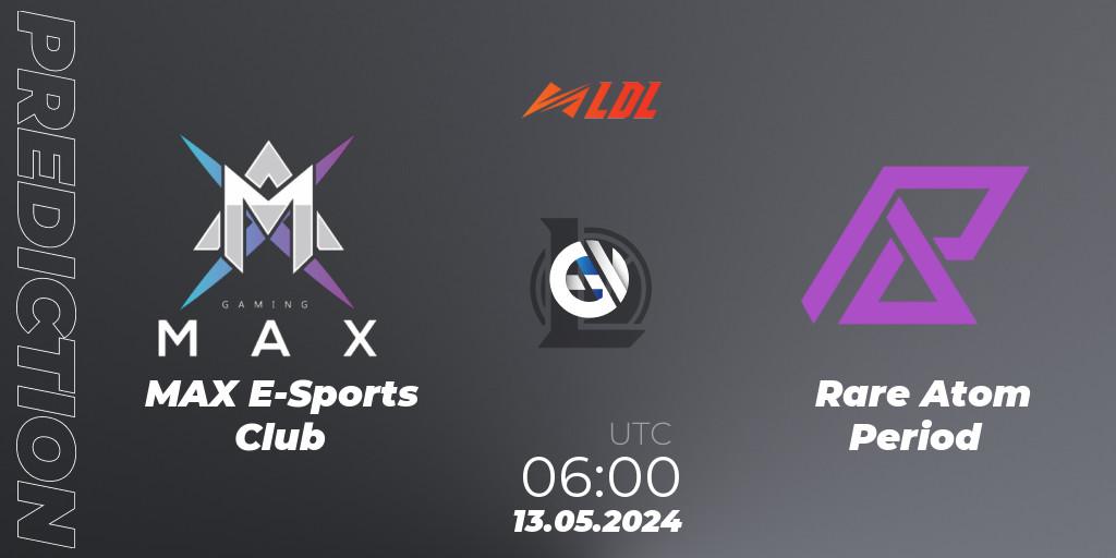 MAX E-Sports Club contre Rare Atom Period : prédiction de match. 13.05.2024 at 06:00. LoL, LDL 2024 - Stage 2