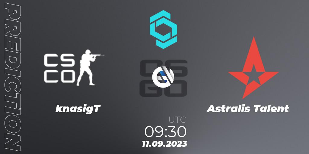 knasigT contre Astralis Talent : prédiction de match. 11.09.2023 at 09:30. Counter-Strike (CS2), CCT North Europe Series #8: Closed Qualifier