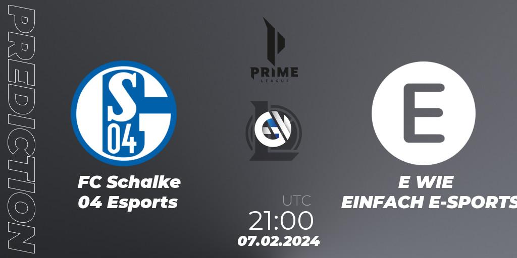 FC Schalke 04 Esports contre E WIE EINFACH E-SPORTS : prédiction de match. 07.02.2024 at 21:00. LoL, Prime League Spring 2024 - Group Stage
