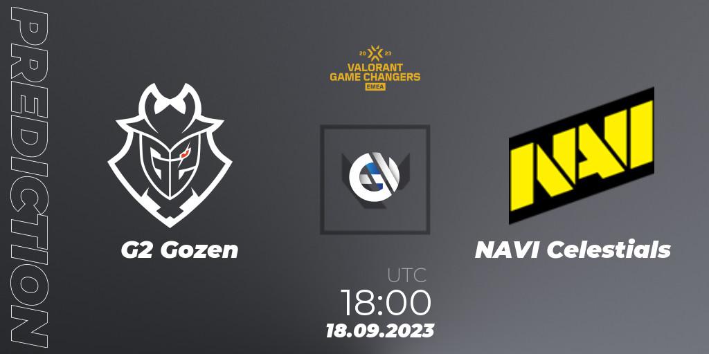 G2 Gozen contre NAVI Celestials : prédiction de match. 18.09.2023 at 18:00. VALORANT, VCT 2023: Game Changers EMEA Stage 3 - Group Stage