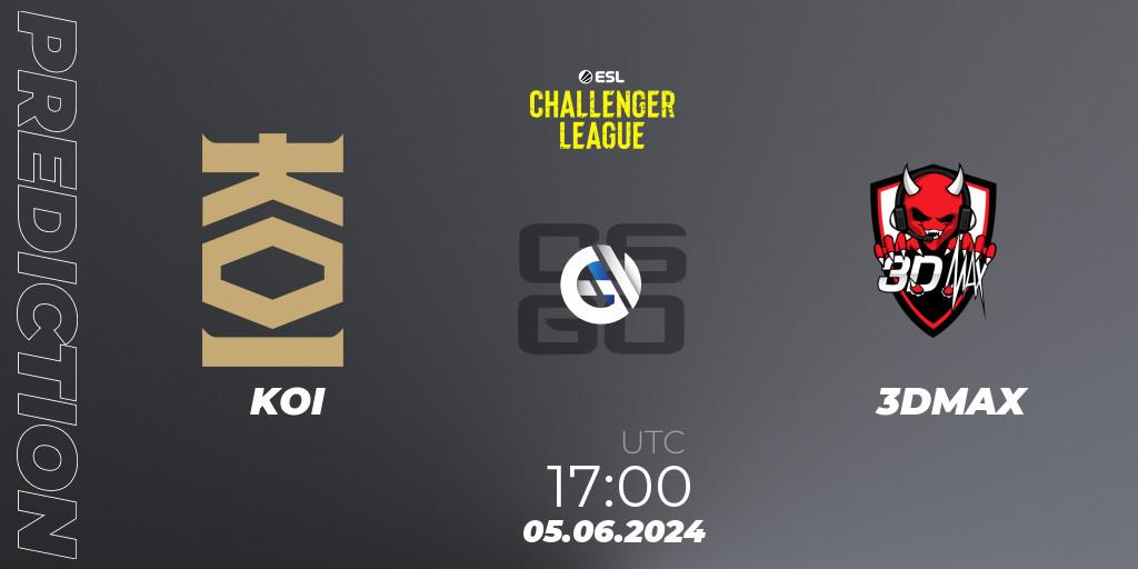 KOI contre 3DMAX : prédiction de match. 05.06.2024 at 17:00. Counter-Strike (CS2), ESL Challenger League Season 47: Europe