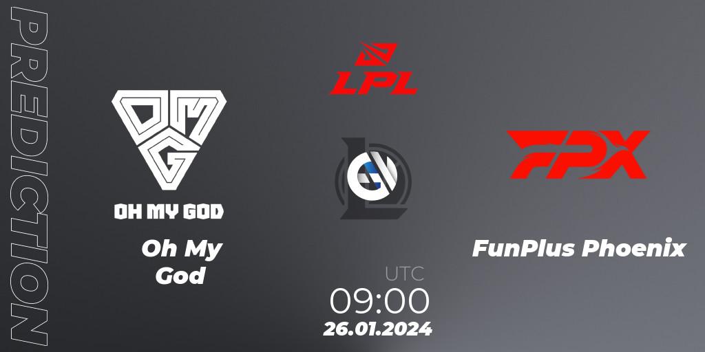 Oh My God contre FunPlus Phoenix : prédiction de match. 26.01.2024 at 09:00. LoL, LPL Spring 2024 - Group Stage