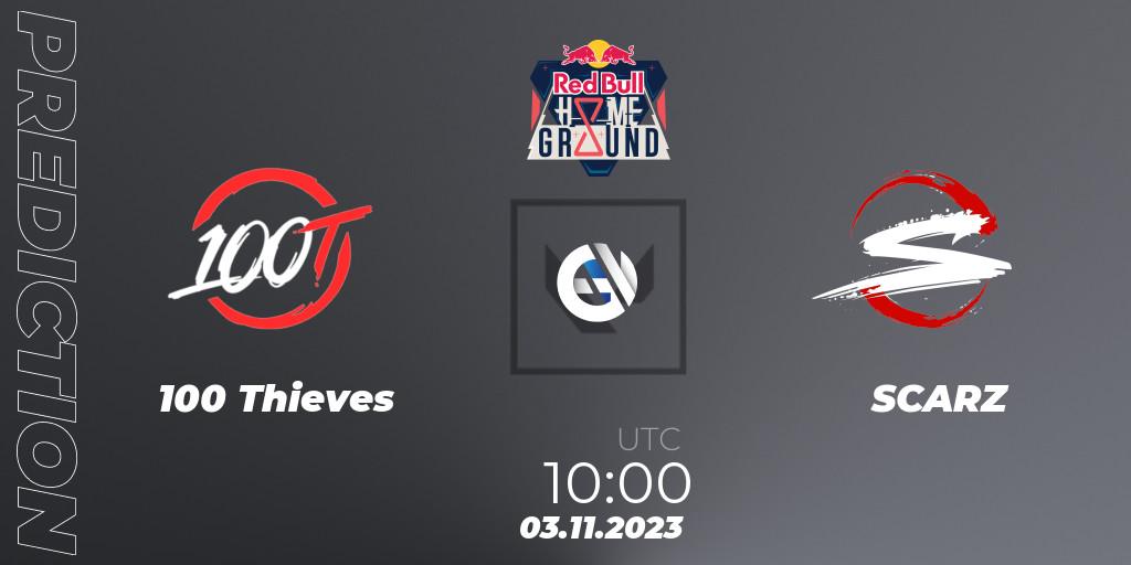 100 Thieves contre SCARZ : prédiction de match. 03.11.23. VALORANT, Red Bull Home Ground #4 - Swiss Stage