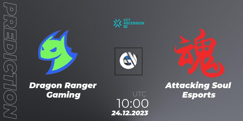 Dragon Ranger Gaming contre Attacking Soul Esports : prédiction de match. 24.12.2023 at 12:40. VALORANT, VALORANT China Ascension 2023
