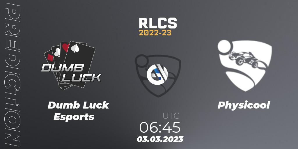 Dumb Luck Esports contre Physicool : prédiction de match. 03.03.2023 at 06:45. Rocket League, RLCS 2022-23 - Winter: Oceania Regional 3 - Winter Invitational