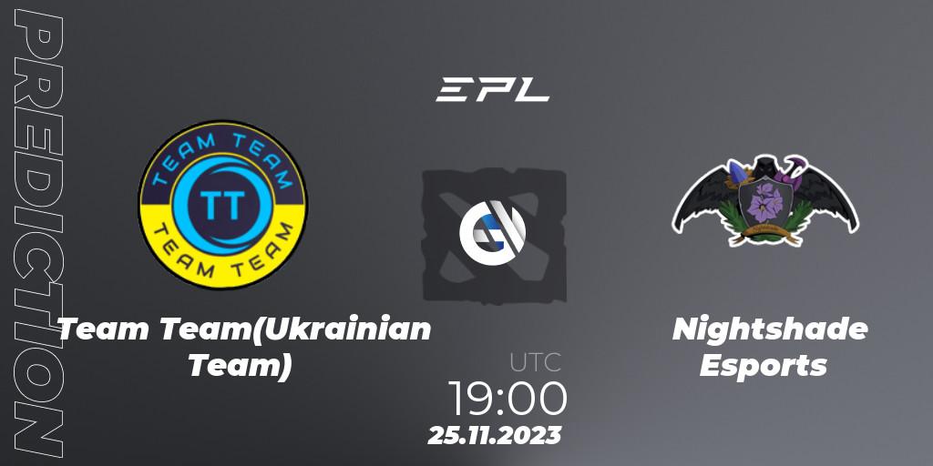 Team Team(Ukrainian Team) contre Nightshade Esports : prédiction de match. 24.11.2023 at 10:05. Dota 2, European Pro League Season 14