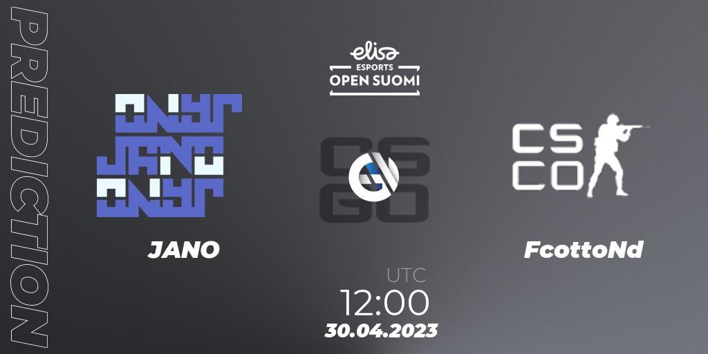 JANO contre FcottoNd : prédiction de match. 30.04.2023 at 12:00. Counter-Strike (CS2), Elisa Open Suomi Season 5