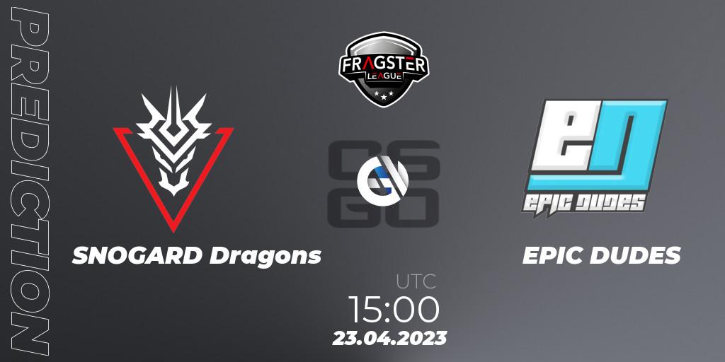 SNOGARD Dragons contre EPIC DUDES : prédiction de match. 23.04.2023 at 15:00. Counter-Strike (CS2), Fragster League Season 4