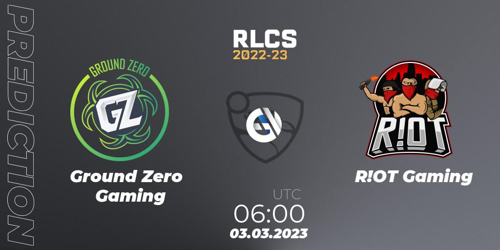 Ground Zero Gaming contre R!OT Gaming : prédiction de match. 03.03.2023 at 06:00. Rocket League, RLCS 2022-23 - Winter: Oceania Regional 3 - Winter Invitational