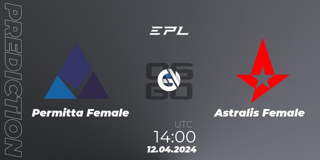 Permitta Female contre Astralis Female : prédiction de match. 12.04.2024 at 14:00. Counter-Strike (CS2), European Pro League Female Season 1
